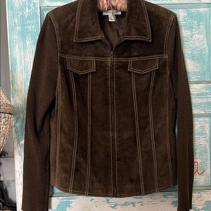 Coldwater Creek Dark Brown suede and sweater zip up Utility Jacket